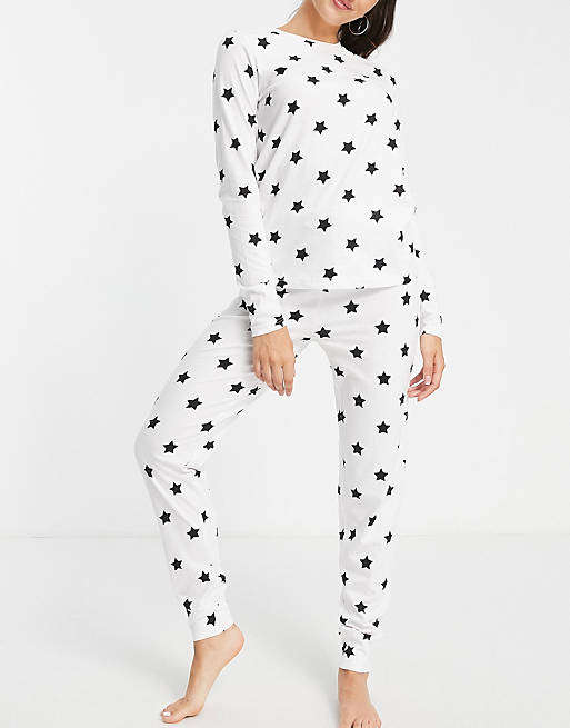 Threadbare star print pajama set in black and white