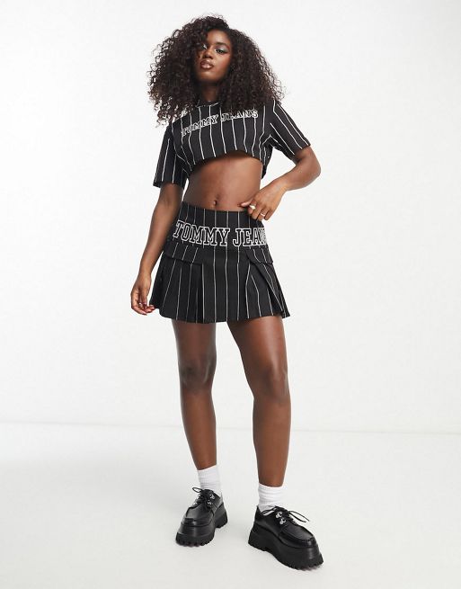 Tommy Jeans co-ord pinstripe cropped top and skirt set in black