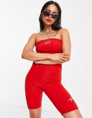 Tommy Jeans co-ord signature logo bandeau top and legging shorts in red