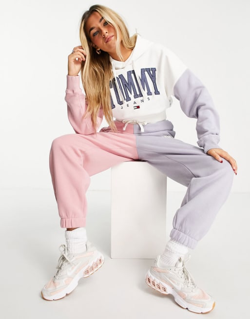 Tommy Jeans - Coordinato con felpa con cappuccio stile college e joggers colorblock multicolore