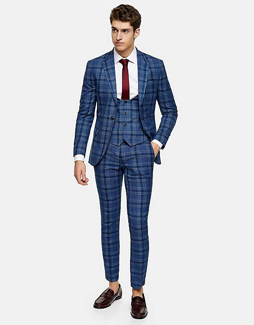 Topman check skinny fit suit with peak lapels in blue