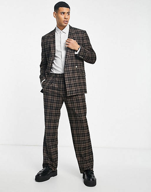 Topman checked boxy jacket and wide leg pants suit in brown | ASOS