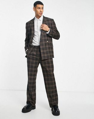 Topman checked boxy jacket and wide leg trouser suit in brown