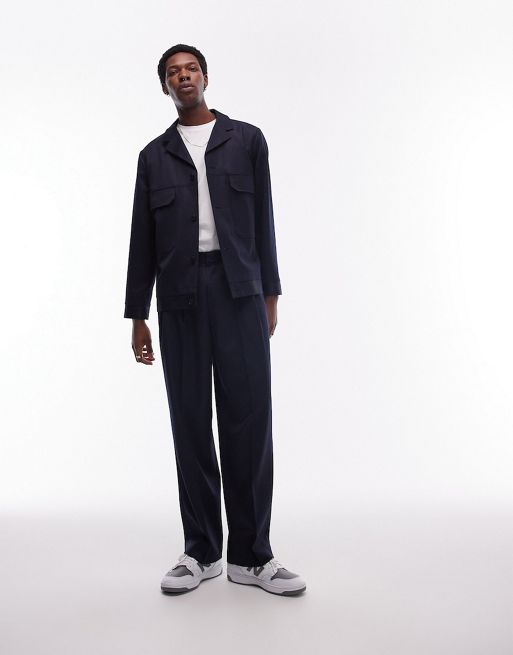 Topman co-ord harrigton jacket and wide leg trouser in navy
