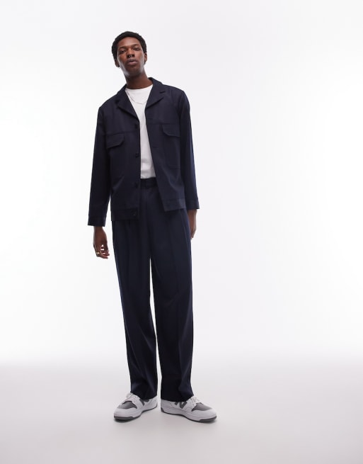 Topman - Coordinato con giacca harrington e pantaloni a fondo ampio blu navy