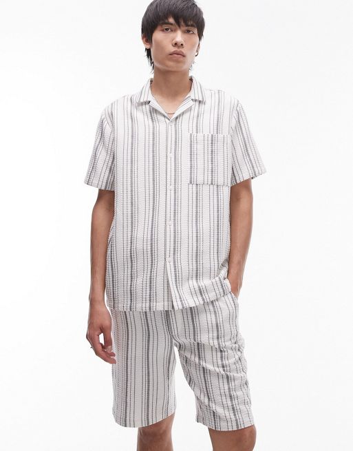 Topman - Coordinato écru con camicia testurizzata a righe e pantaloncini