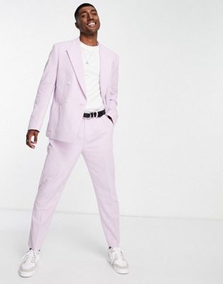Topman relaxed double breasted suit jacket in lilac crepe