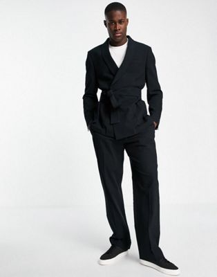 Topman crepe wrap suit jacket and tapered trousers in black