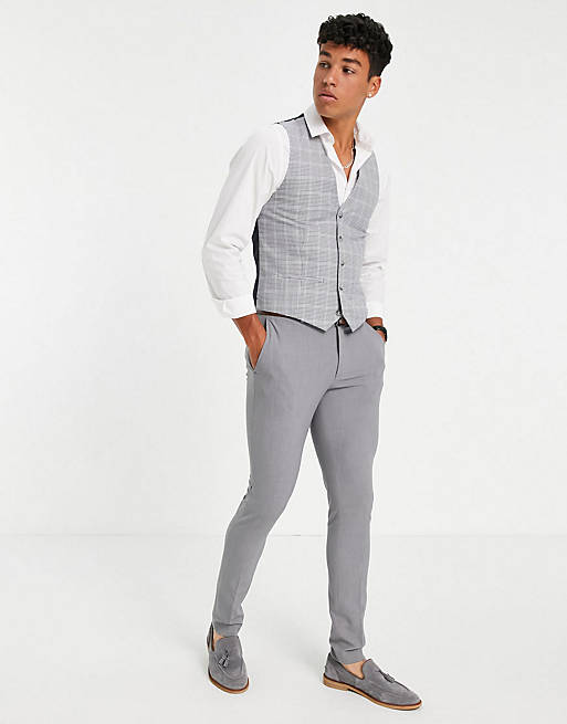 Topman double breasted skinny suit and waistcoat in grey check