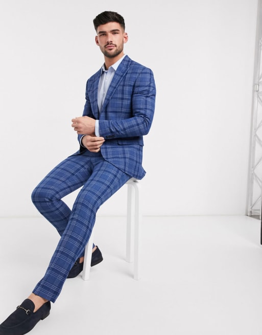Topman – Niebieski zestaw o obcisłym kroju w kratę: marynarka garniturowa i kamizelka