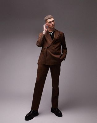 Topman relaxed wool mix warm handle herringbone suit in brown