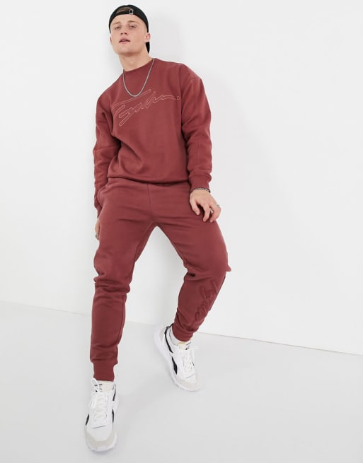 Topman Signature Co Ord Tonal Sweat Set In Burgundy Asos