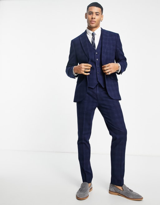 Topman skinny check three piece suit in navy