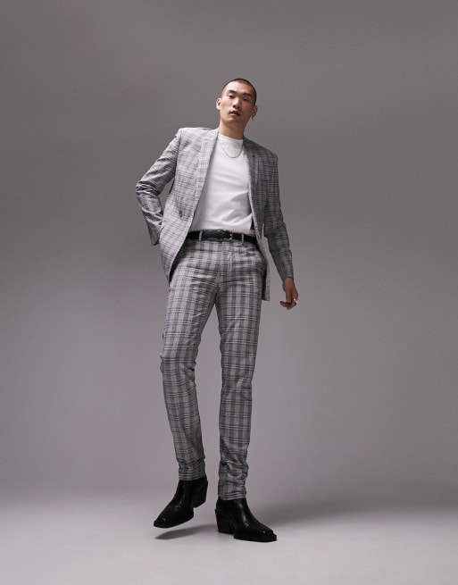 Topman skinny checked linen mix suit in gray