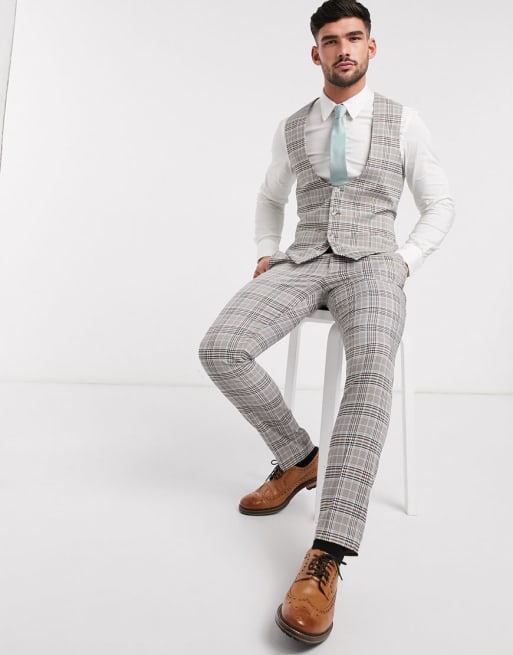 Topman skinny fit checked suit vest and pants in beige