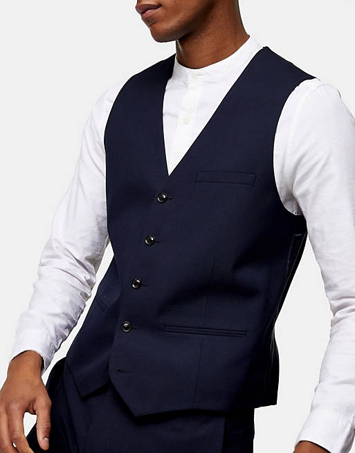 Topman - Skinny, single breasted pak met revers met inkeping en gilet in marineblauw