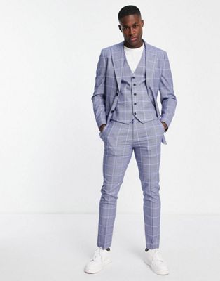 Topman skinny three piece suit in blue check