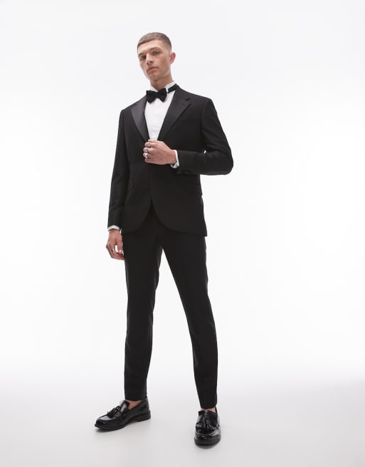 Topman skinny tuxedo suit in black