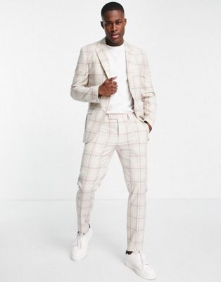 Topman skinny single breasted suit jacket in pink check