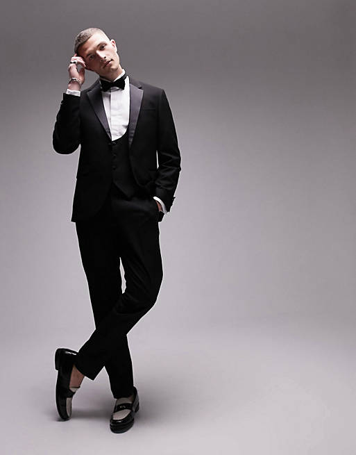 Topman skinny two piece tuxedo suit in black | ASOS