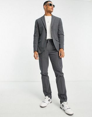 Topman skinny two button washed cotton suit jacket in charcoal