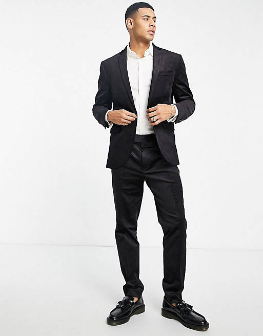 Topman slim cord suit in black