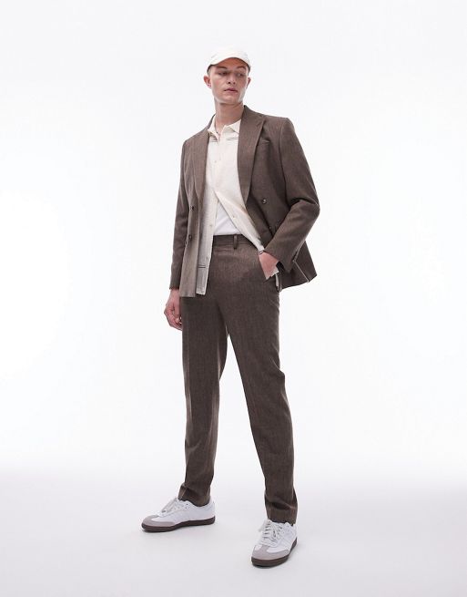 Topman slim herringbone suit jacket and trouser in brown
