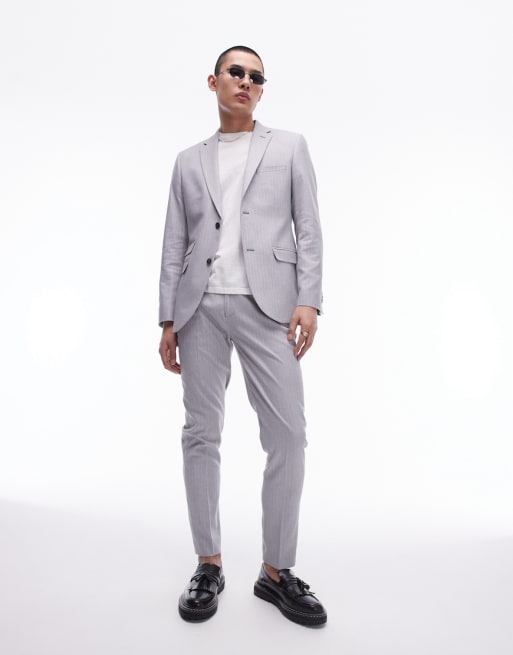 Topman slim herringbone suit jacket and trouser in grey