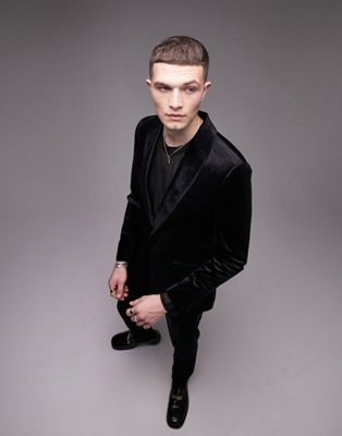 Topman slim velvet suit trousers in black