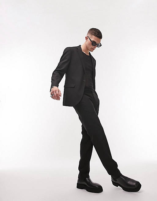 Topman stretch slim textured suit in black