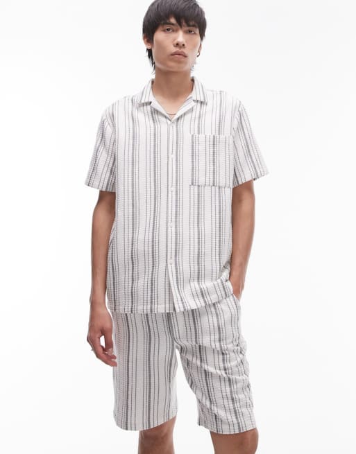 Topman – Strukturiertes Set mit Hemd und Shorts in gestreiftem Ecru