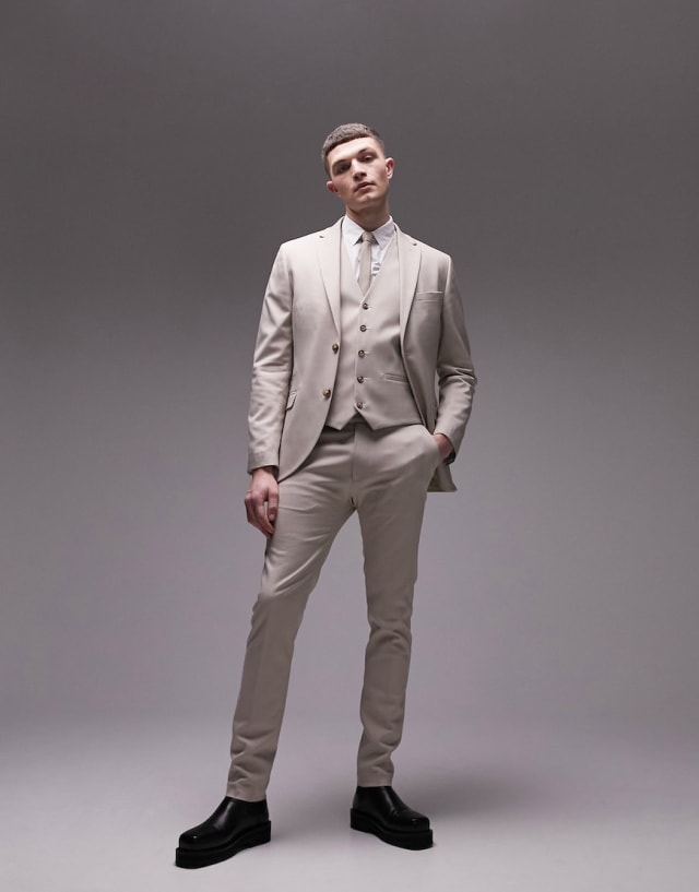 Topman - super skinny herringbone texture suit in stone