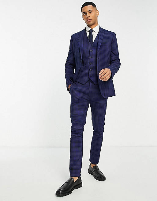 Topman super skinny three piece ombre check suit in blue