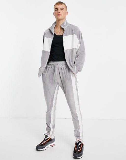 Topman – Trainingsjacke aus Velours in Grau mit Farbblockdesign