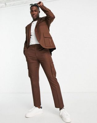 Topman slim utility cargo trousers in dark brown