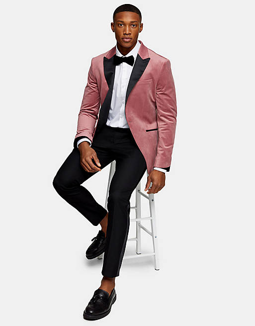 Topman velvet skinny fit suit jacket in pink and slim fit suit trousers in light