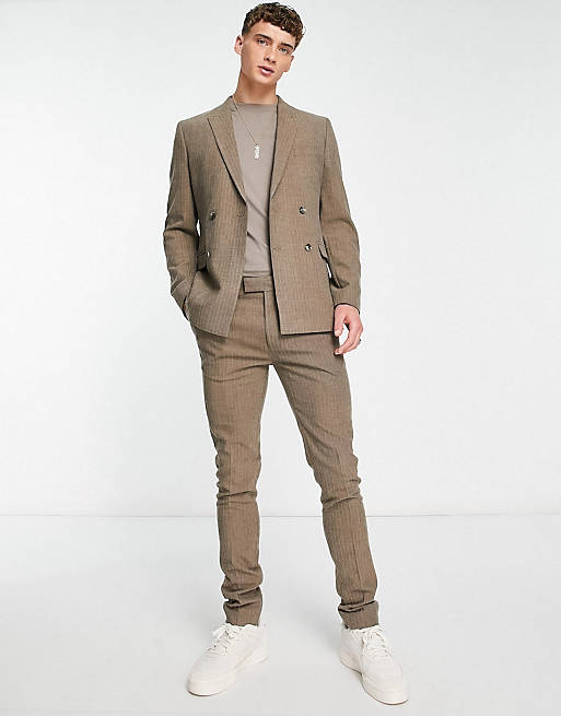 Topman – Warmer Anzug in Braun mit sehr engem Schnitt und Fischgrätenmuster