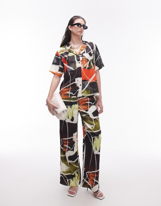 Topshop abstract artsy print satin set in multi