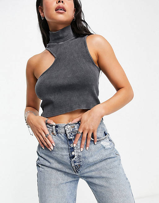 Topshop acid wash ribbed co-ord set in charcoal