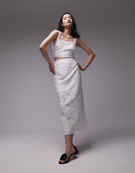 Topshop – Benvitt set med topp och kjol med spetsdetalj