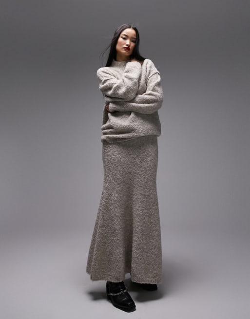 Topshop boucle longline jumper and midi skirt in mushroom