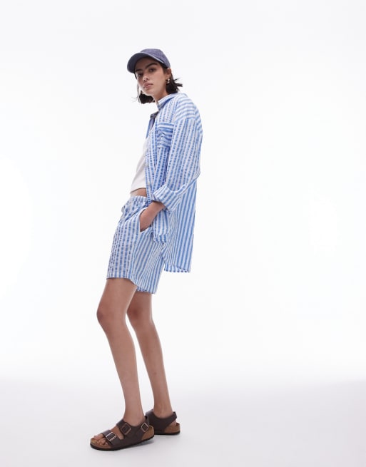 Topshop - Camicia da mare blu a righe in coordinato