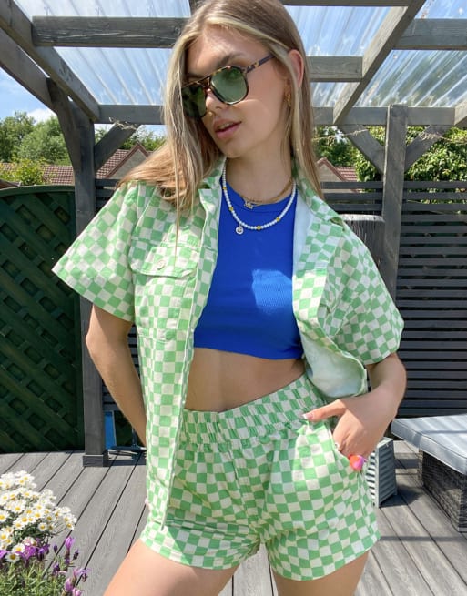 Topshop casual shirt and short set in green checkerboard print | ASOS