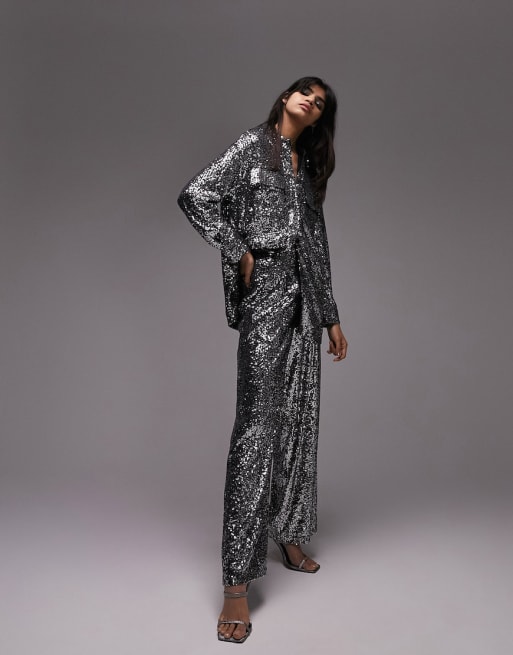 Topshop - Co-ord set van broek en overshirt met minilovertjes in zilver