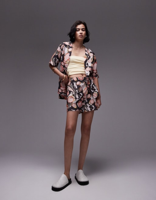 Topshop - Co-ord set van kreukelstof met vakantieprint in multi