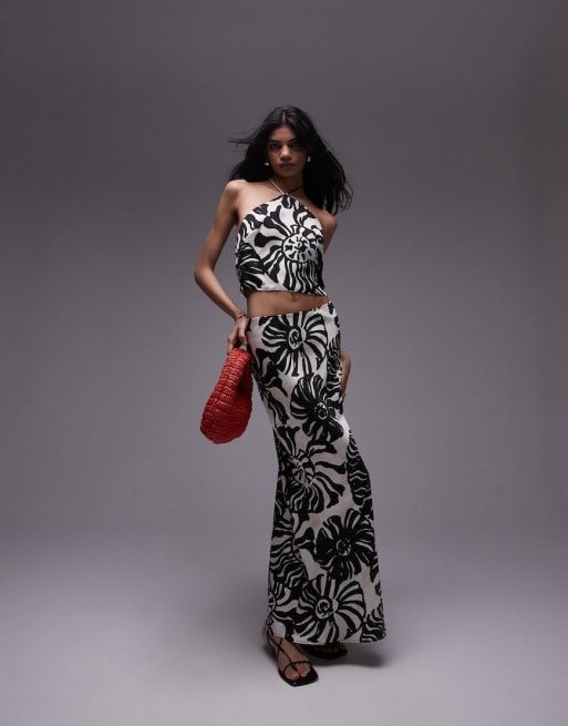 Topshop - Co-ord set van satijnen keperstof van maxi rok in zwart-witte varenprint