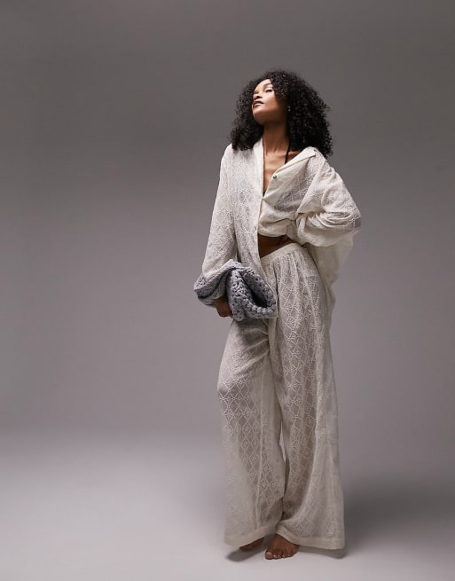 Topshop - Coordinato da mare in pizzo a fiori color avorio