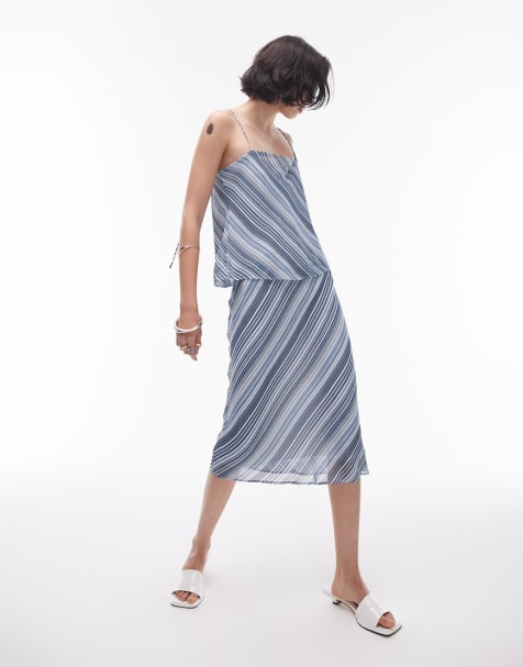 Topshop - Coordinato in georgette blu a righe diagonali - view 1