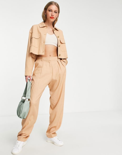 Topshop - Coordinato in lino color cuoio gessato