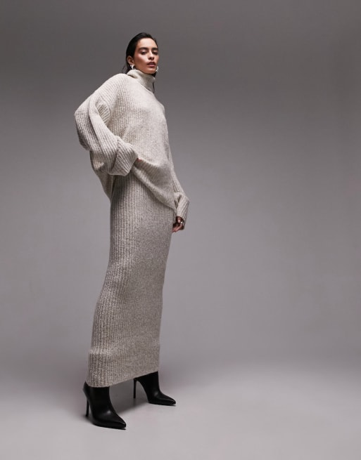 Topshop - Coordinato premium in maglia bouclé con maglione e gonna midi a pieghe color pietra